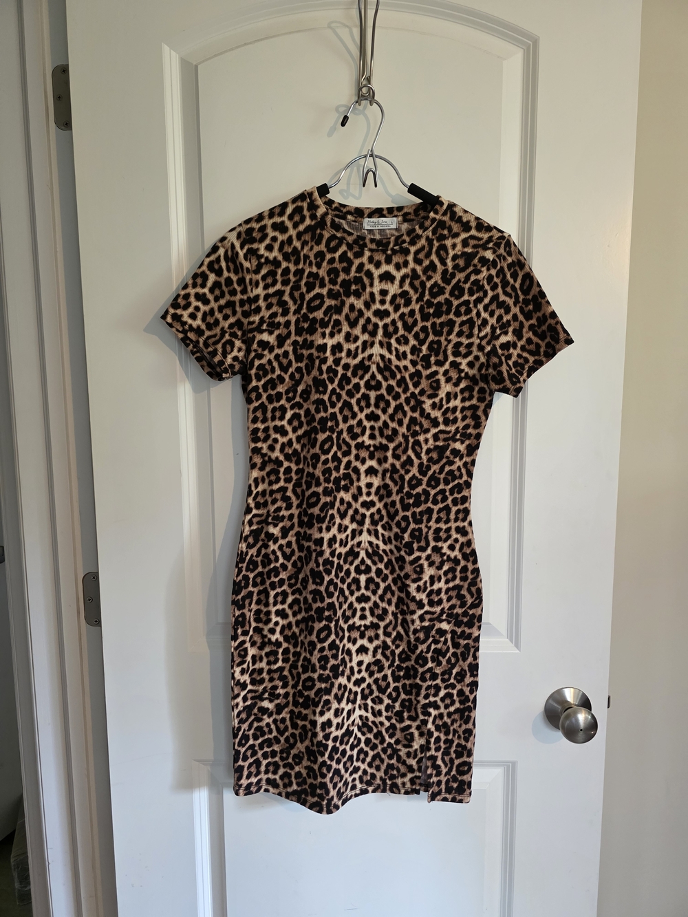 Soft Ribbed Leopard Print Bodycon Mini Dress Short Sleeve
